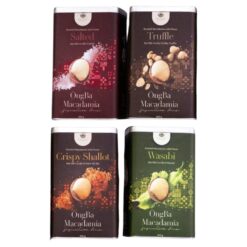 Hạt mắc ca tẩm vị 4 loại (Nấm Truffle, Wasabi, Hành tỏi phi, Muỗi) hộp 200gram/ Hộp