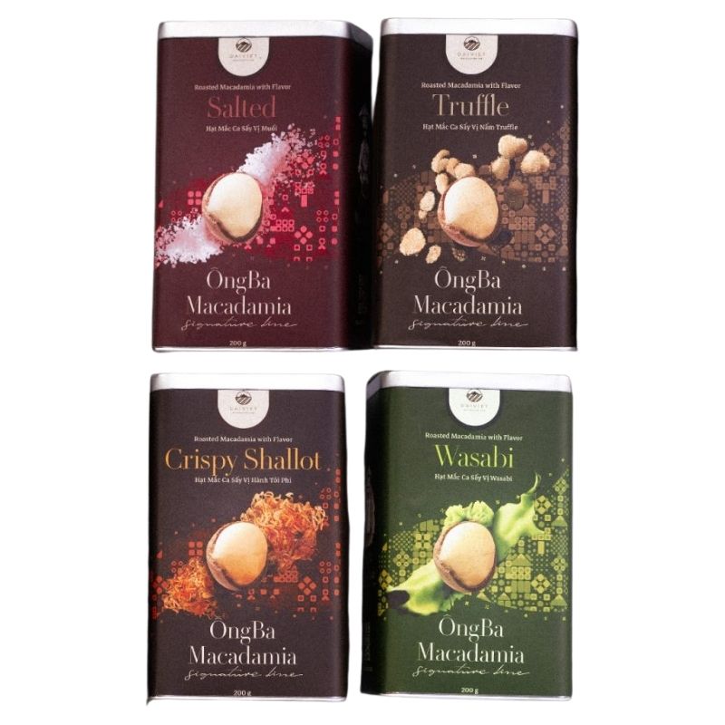 Hạt mắc ca tẩm vị 4 loại (Nấm Truffle, Wasabi, Hành tỏi phi, Muỗi) hộp 200gram/ Hộp